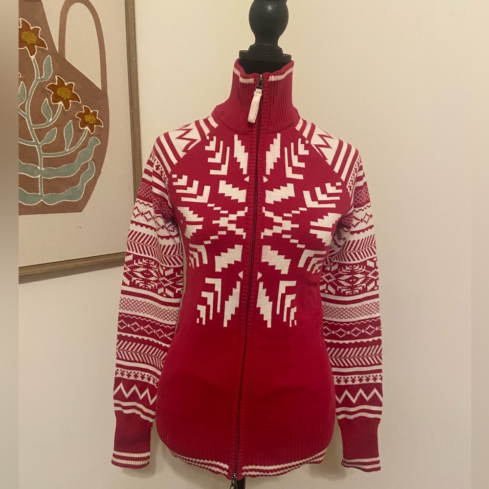 Athleta Snowflake Thick Knit Zip Up Sweater Women’s Small Fuchsia and White